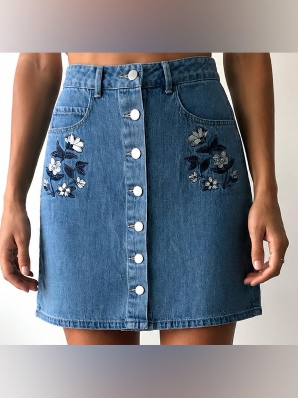 Simons Blue Denim Mini Skirt with Floral Embroidery